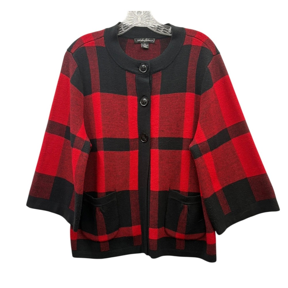 Designers Originals Womens Red Black Buffalo‎ Plaid Kimono Holiday Cardigan XL